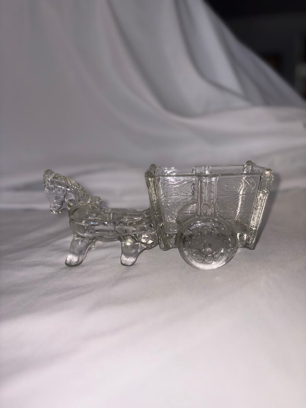 Vintage Clear Glass Horse and Cart Candy Dish Wood Grain Wagon Trinket Bowl